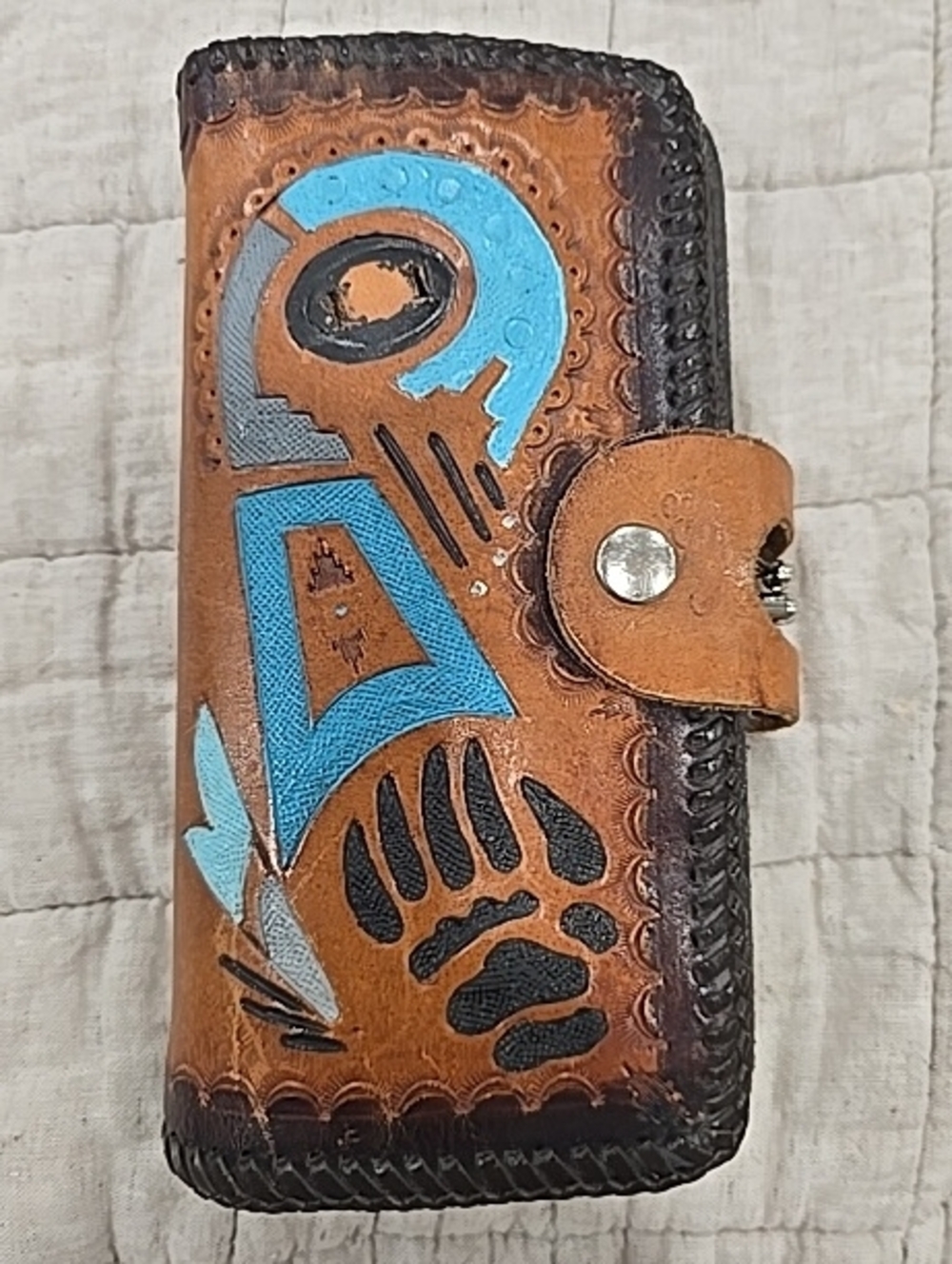 Hand-Tooled Leather Wallet Bear Paw  Turquoise and Black Design